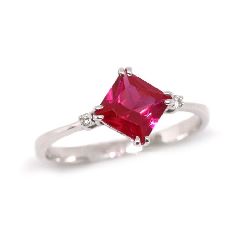 14KT White Gold Created Square Ruby Two Diamond Accent Ring