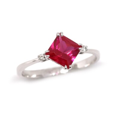 14KT White Gold Created Square Ruby Two Diamond Accent Ring