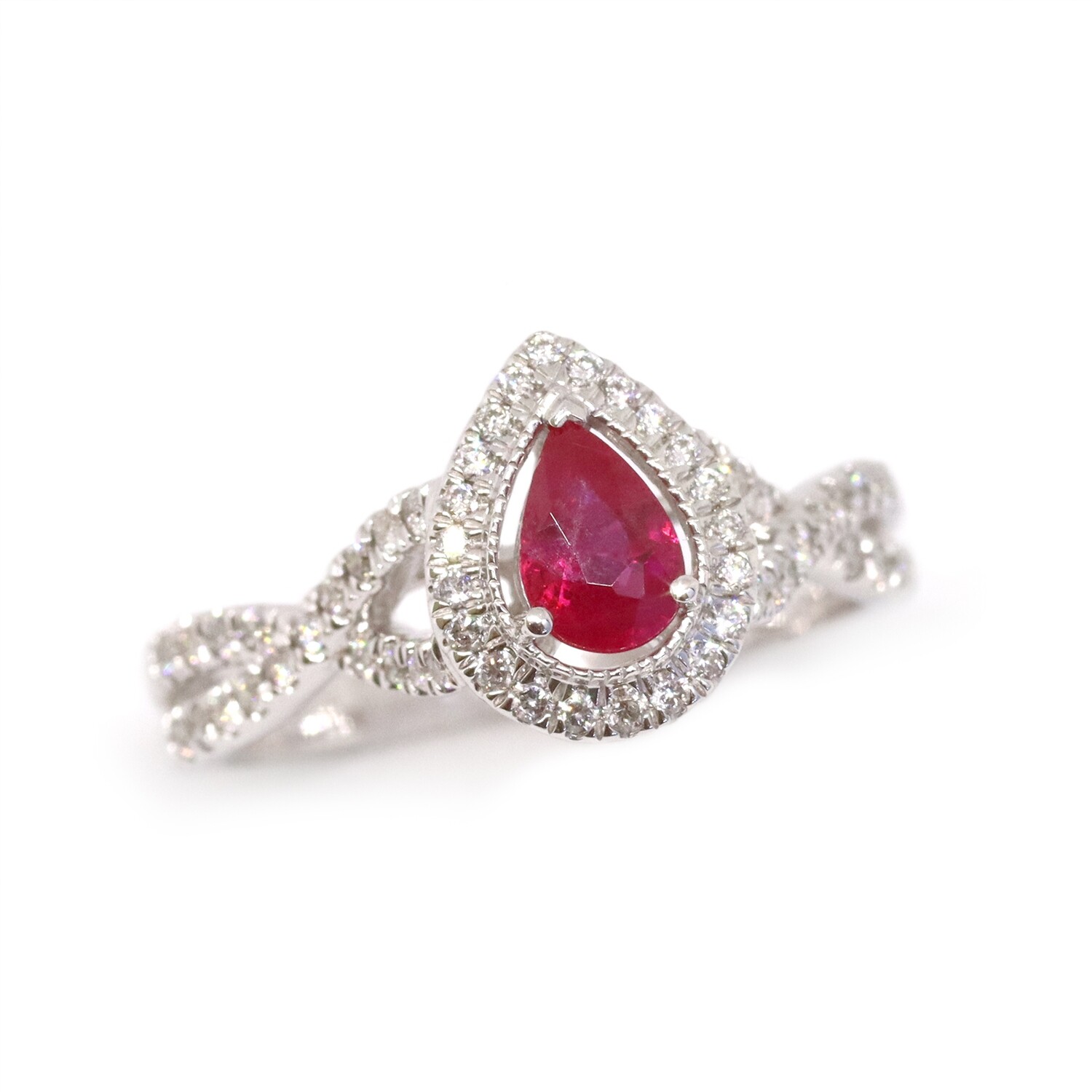 14KT White Gold Pear Ruby Diamond Halo Twist Ring