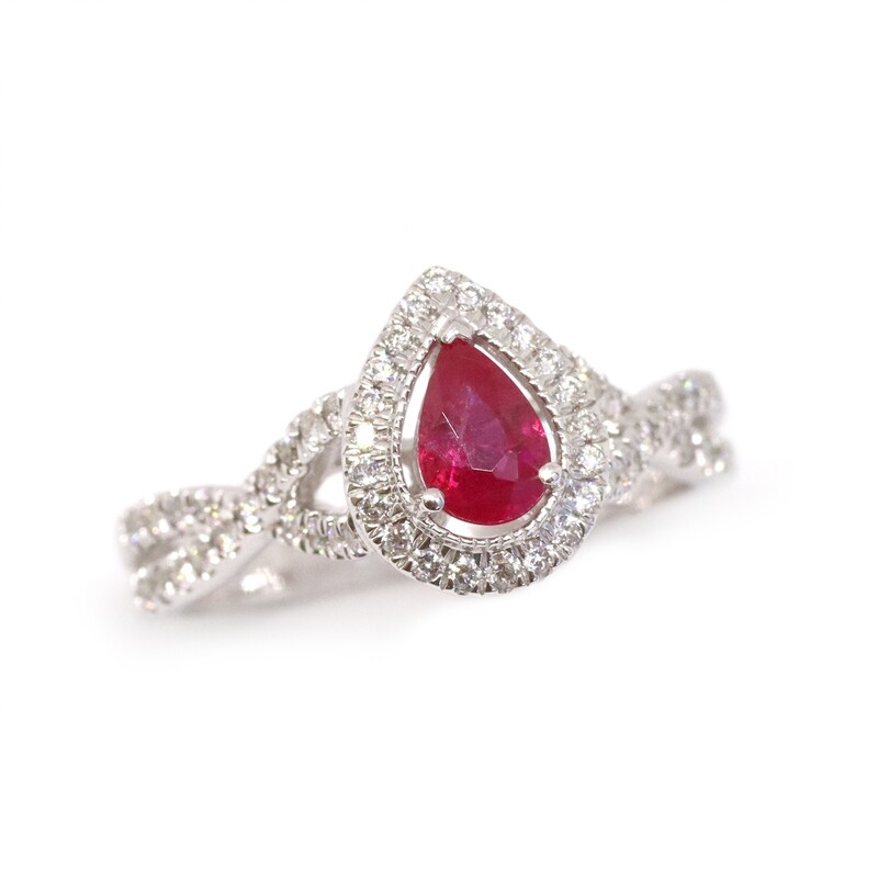 14KT White Gold Pear Ruby Diamond Halo Twist Ring