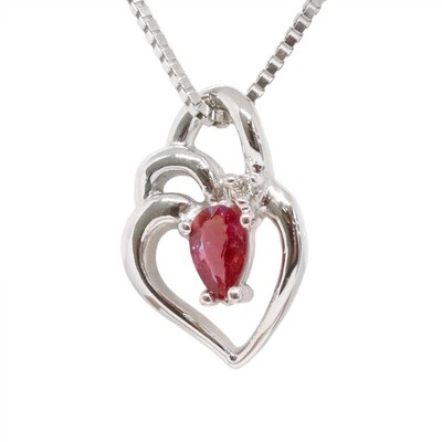 10KT White Gold Pear Ruby with Diamond Heart Necklace