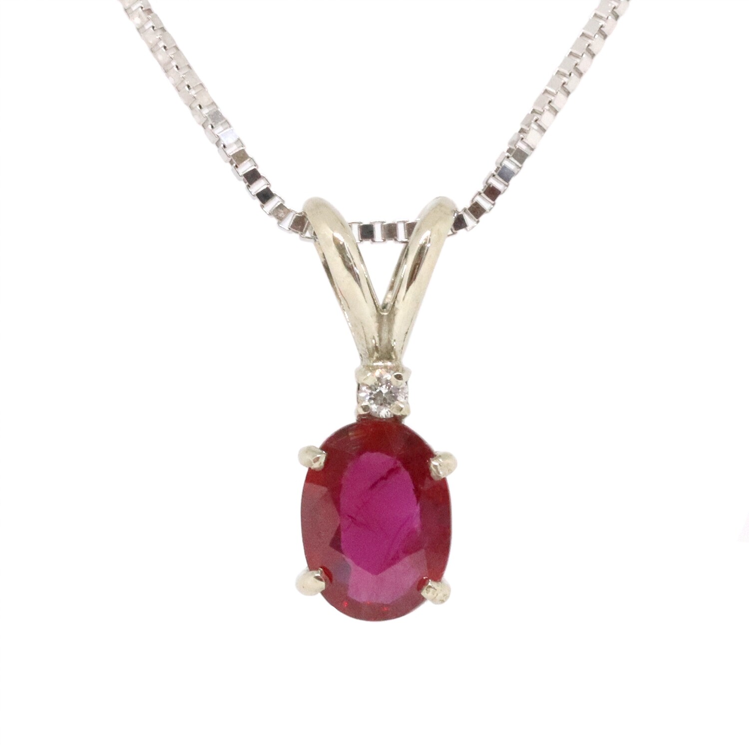 14KT White Gold Oval Ruby Diamonds Accent Necklace