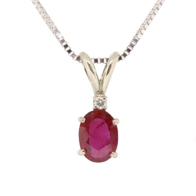 14KT White Gold Oval Ruby Diamonds Accent Necklace