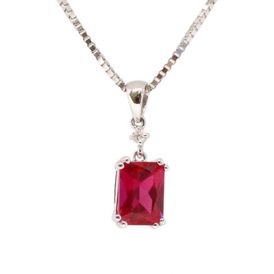 14KT White Gold Created Rectangle Ruby Diamond Accent Necklace