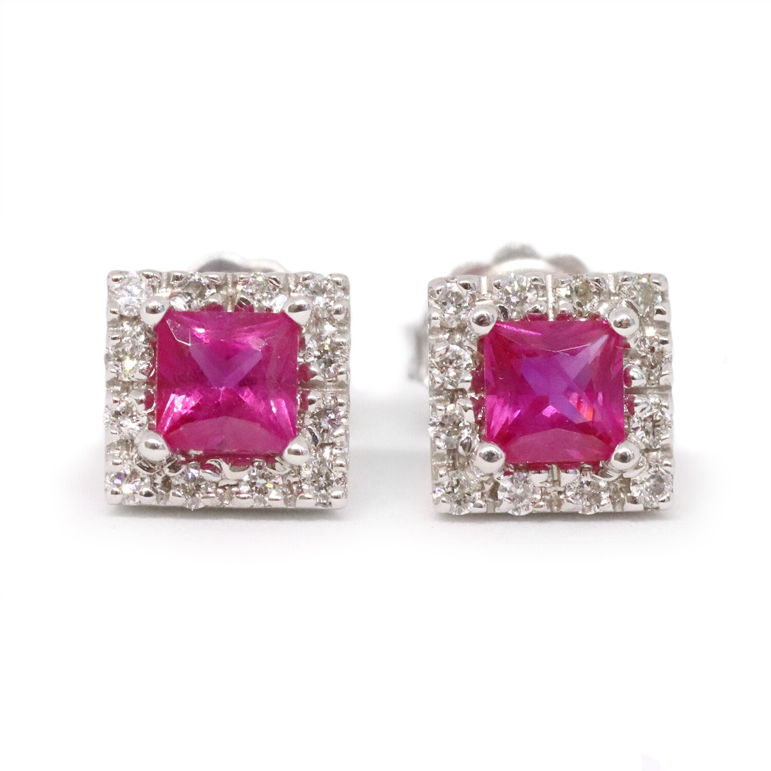 14KT White Gold Square Ruby Diamond Halo Stud Earrings