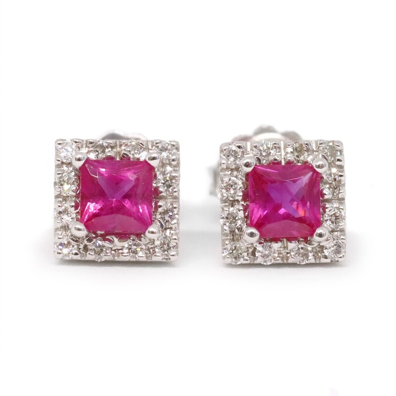14KT White Gold Square Ruby Diamond Halo Stud Earrings