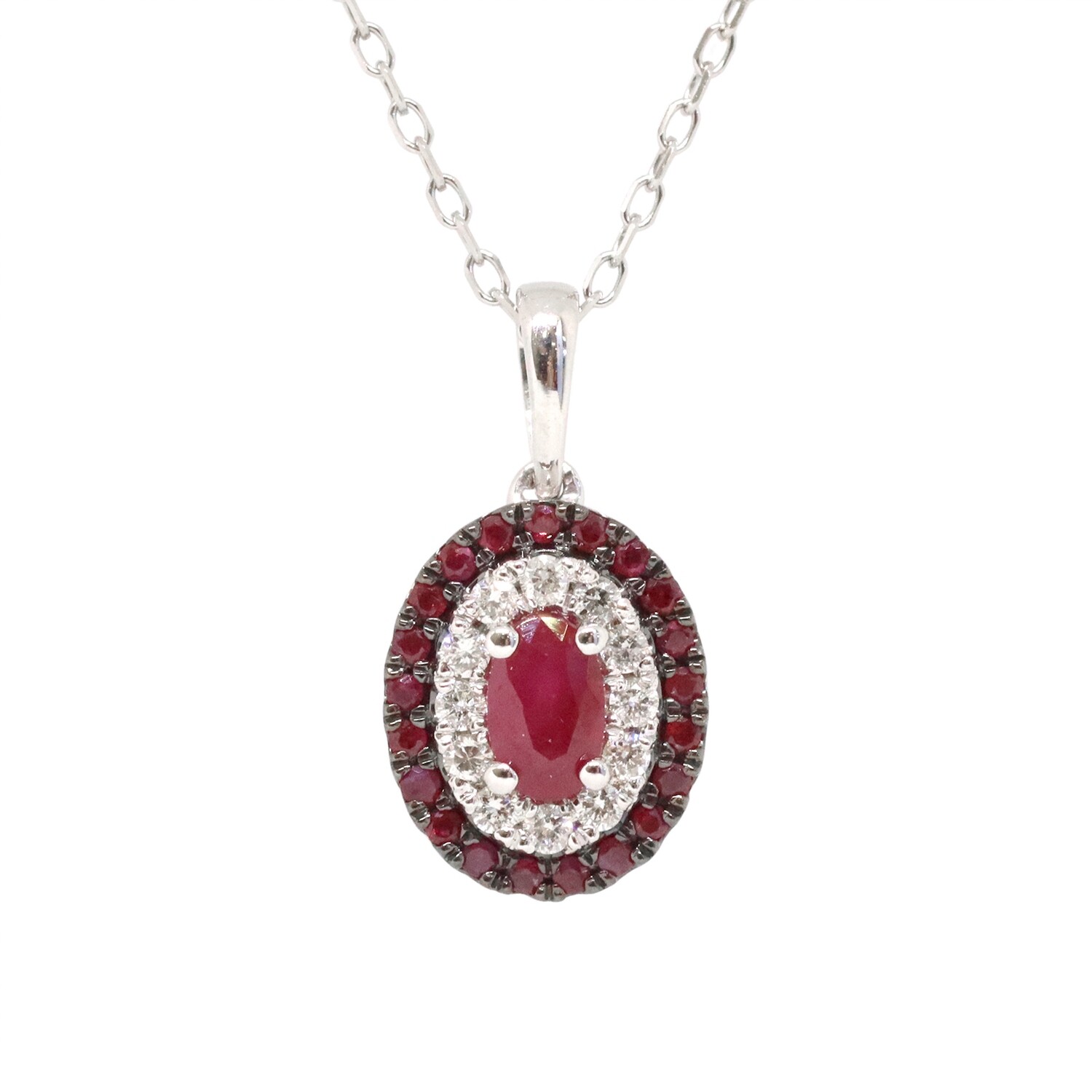 10KT White Gold Oval Ruby with Ruby and Diamond Halos Necklace