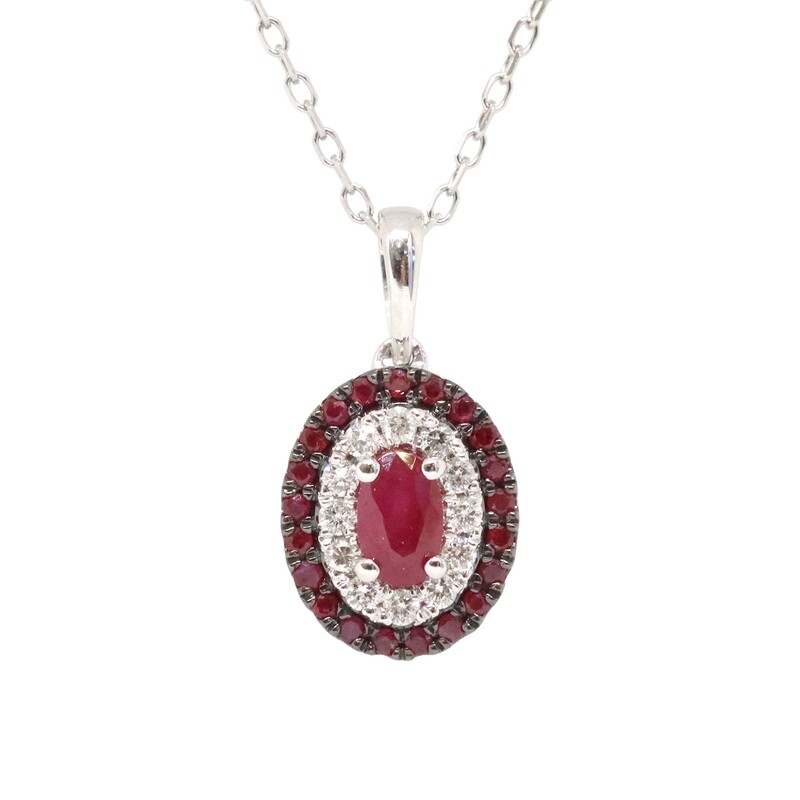10KT White Gold Oval Ruby with Ruby and Diamond Halos Necklace