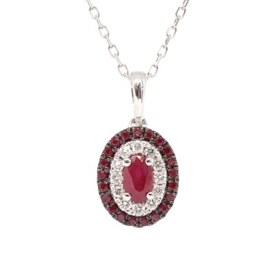 10KT White Gold Oval Ruby with Ruby and Diamond Halos Necklace