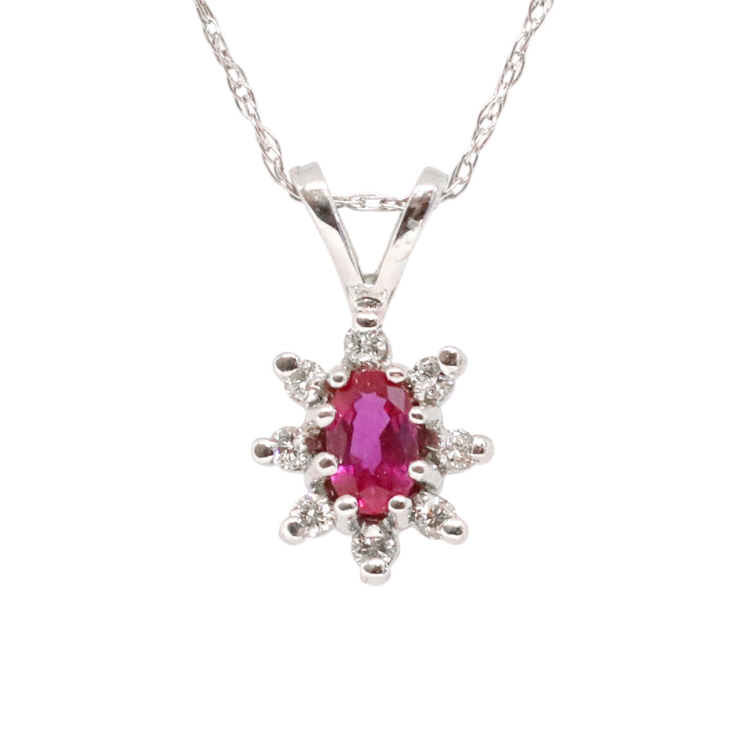 14KT White Gold Oval Ruby Diamond Halo Necklace