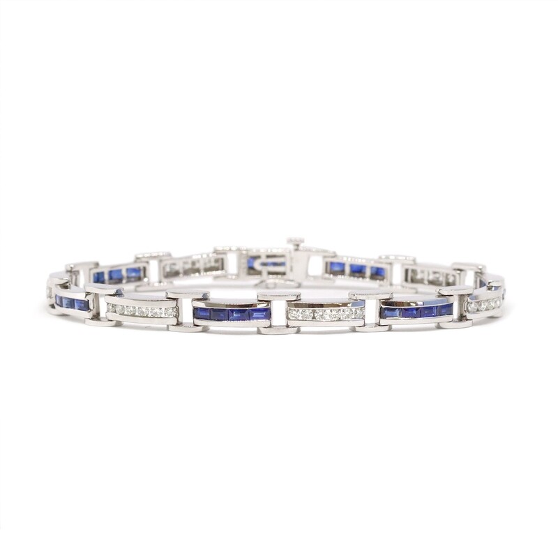 14KT White Gold Baguette Sapphire and Round Diamond Bracelet