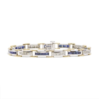 14KT TwoTone Gold Baguette Sapphire and Round Diamond Bracelet