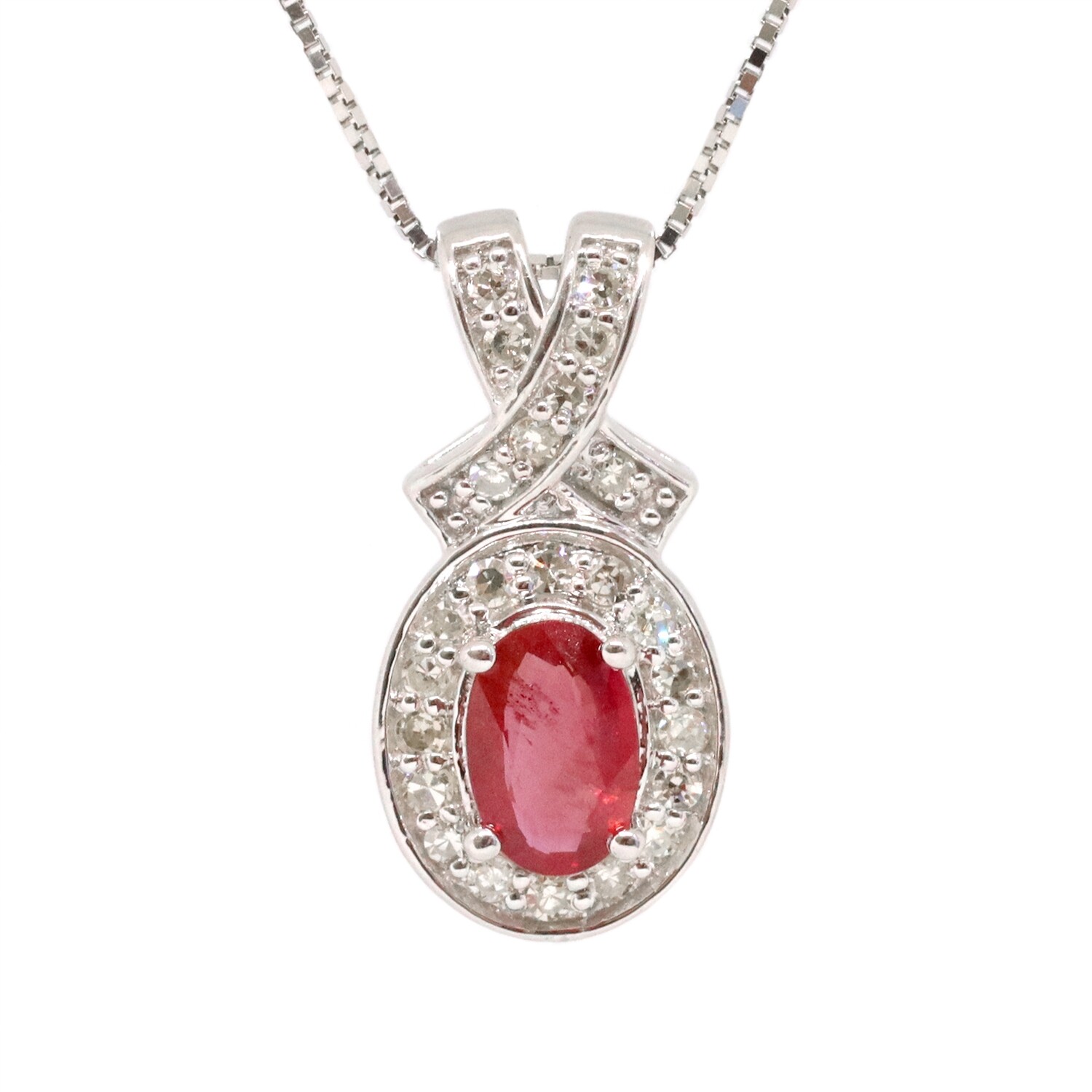 10KT White Gold Oval Ruby Diamond Halo Twist Necklace