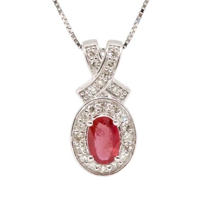 10KT White Gold Oval Ruby Diamond Halo Twist Necklace