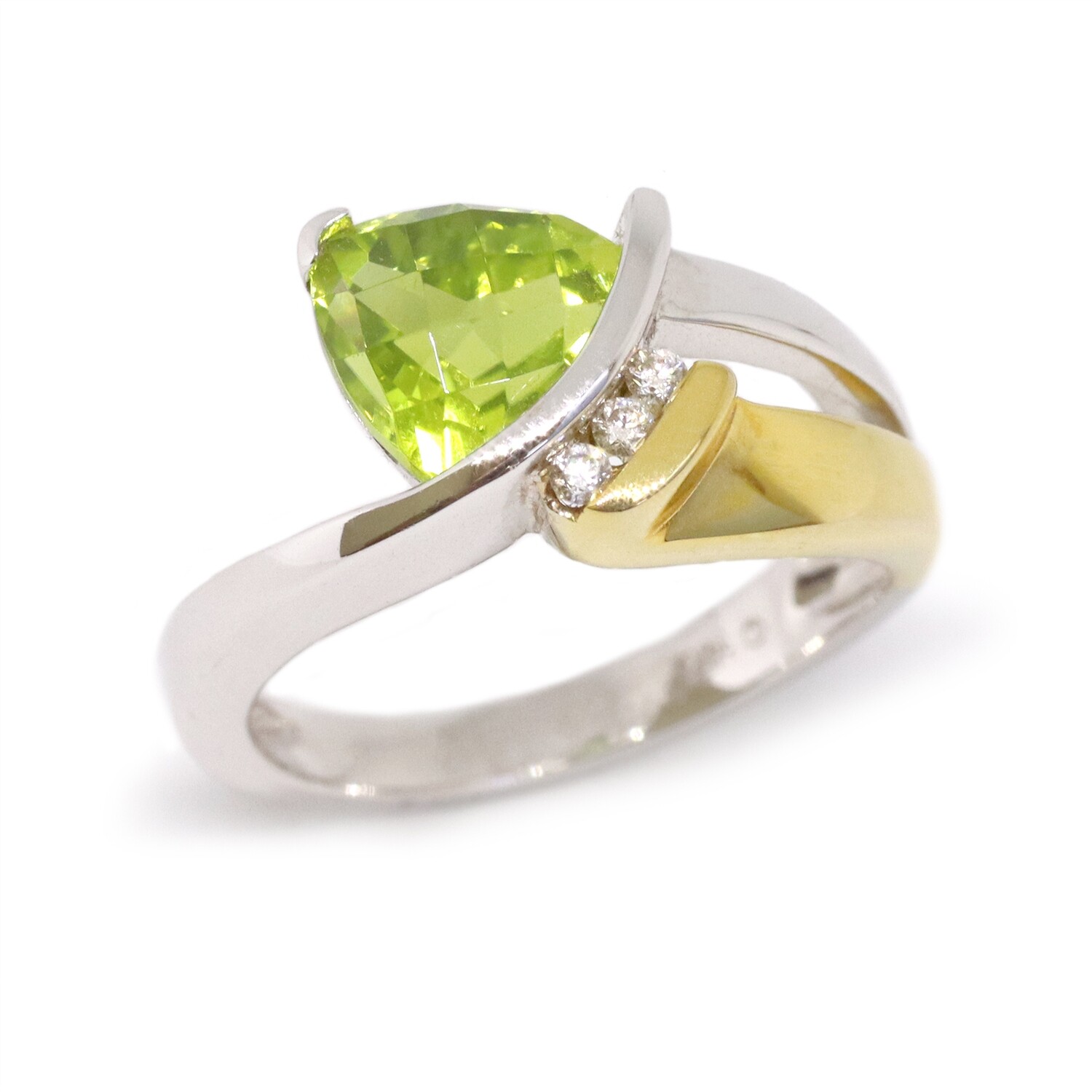 14KT TwoTone Gold Trillion Checkered Peridot Three Diamond Accent Ring