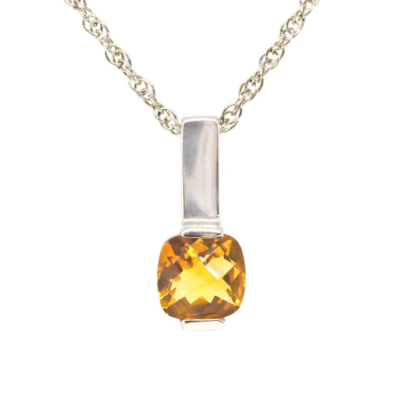 Silver Checkered Cushion Citrine Necklace