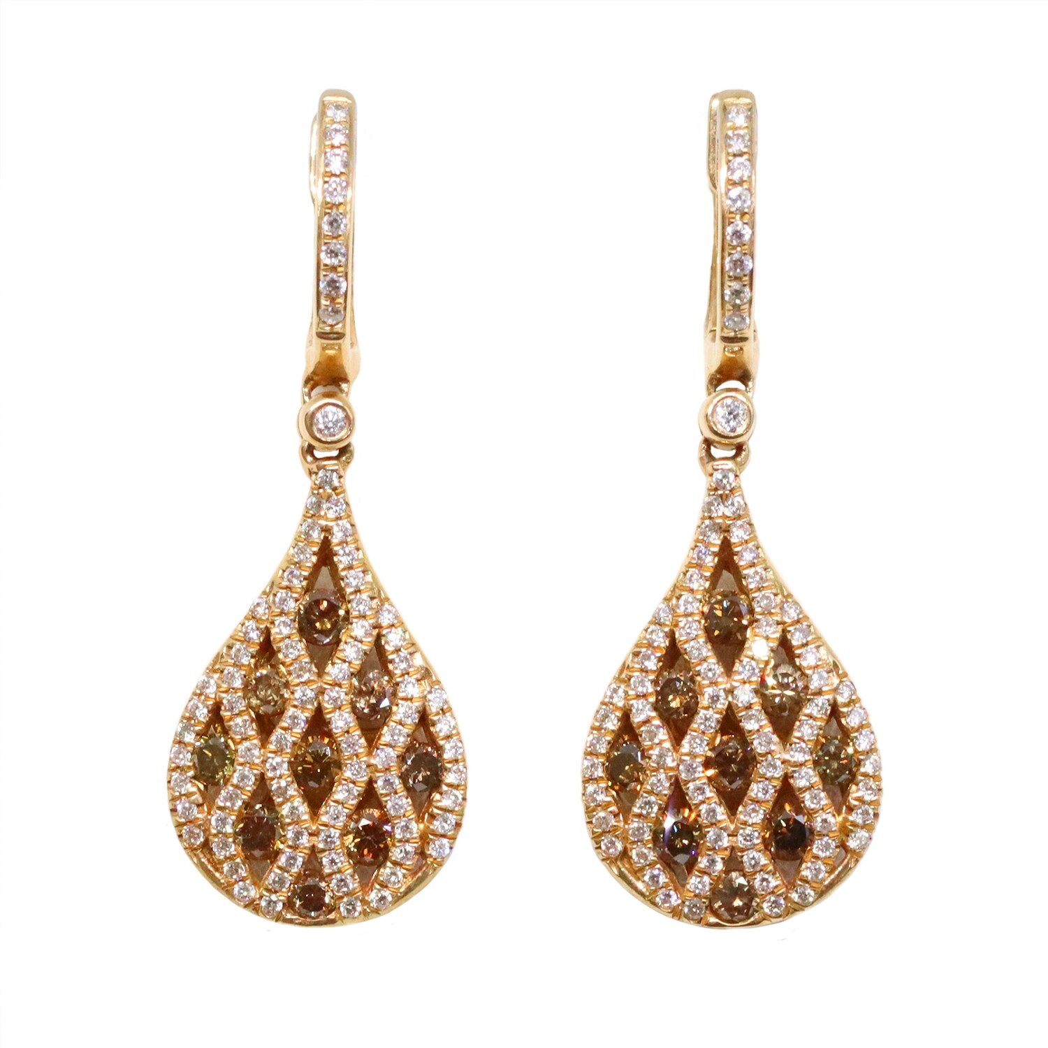 18KT Rose Gold Chocolate and White Diamond Teardrop Hoop Dangle Earrings