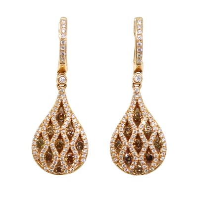 18KT Rose Gold Chocolate and White Diamond Teardrop Hoop Dangle Earrings