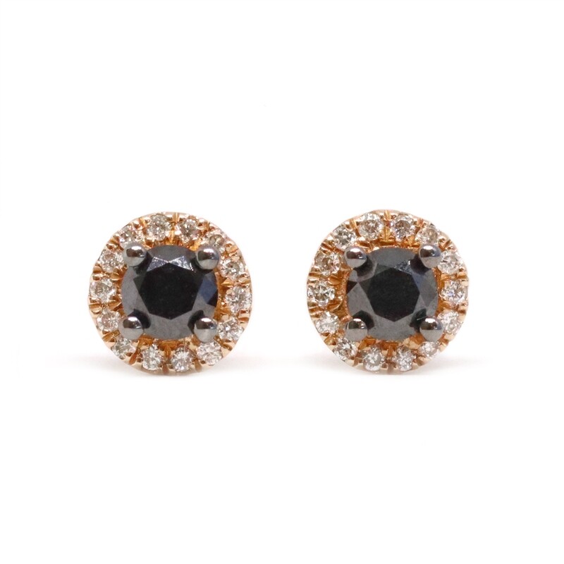 14KT Rose Gold Black Diamond White Diamond Halo Stud Earrings