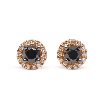 14KT Rose Gold Black Diamond White Diamond Halo Stud Earrings