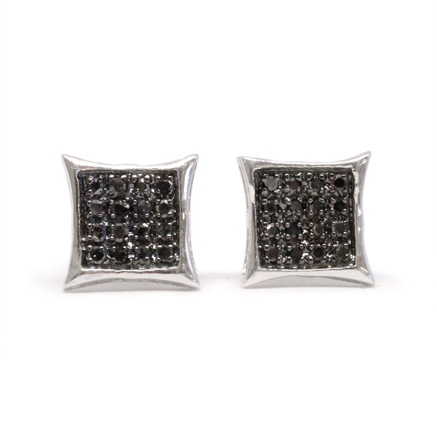 10KT White Gold Round Black Diamond Square Cluster Stud Earrings