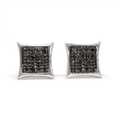 10KT White Gold Round Black Diamond Square Cluster Stud Earrings