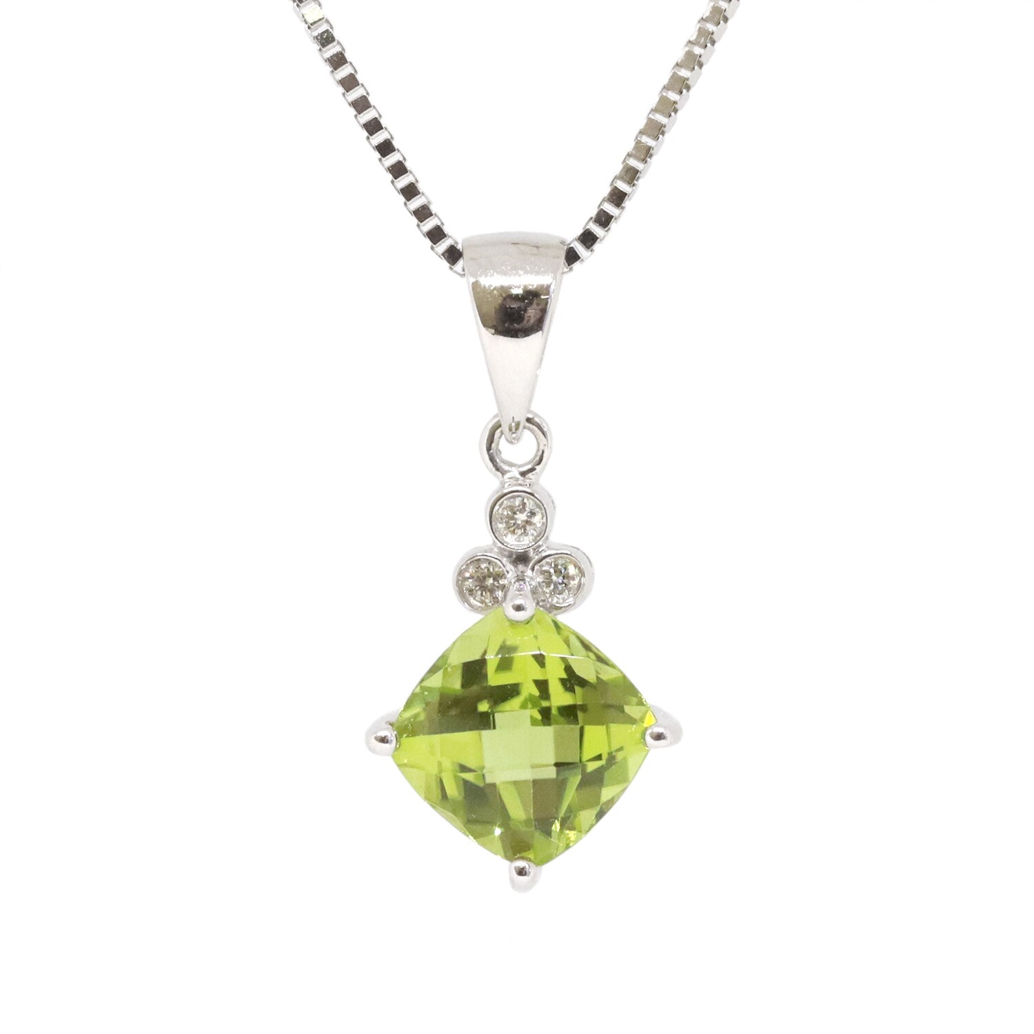 14KT White Gold Checkered Cushion Peridot Diamond Accent Necklace
