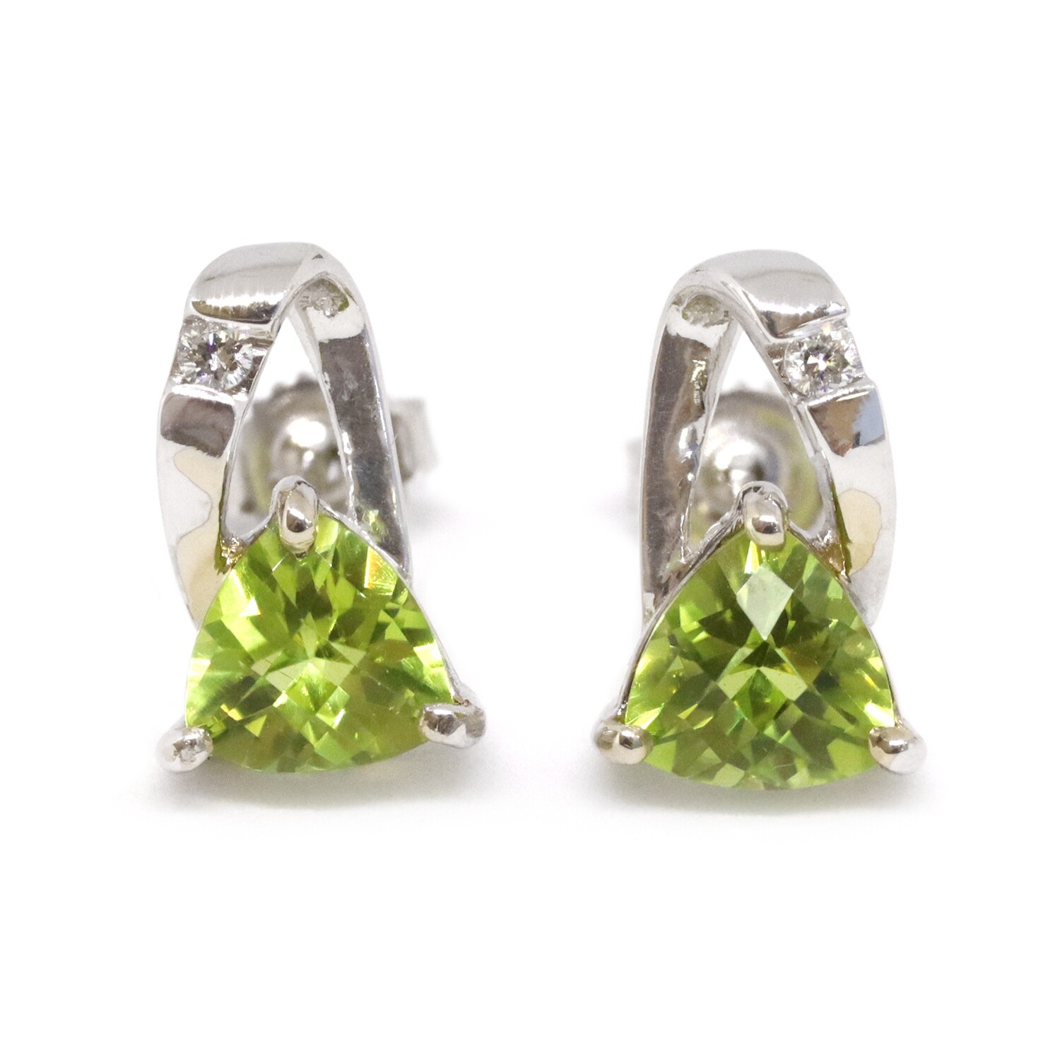 14KT White Gold Checkered Trillion Peridot Diamond Accent Twist Earring