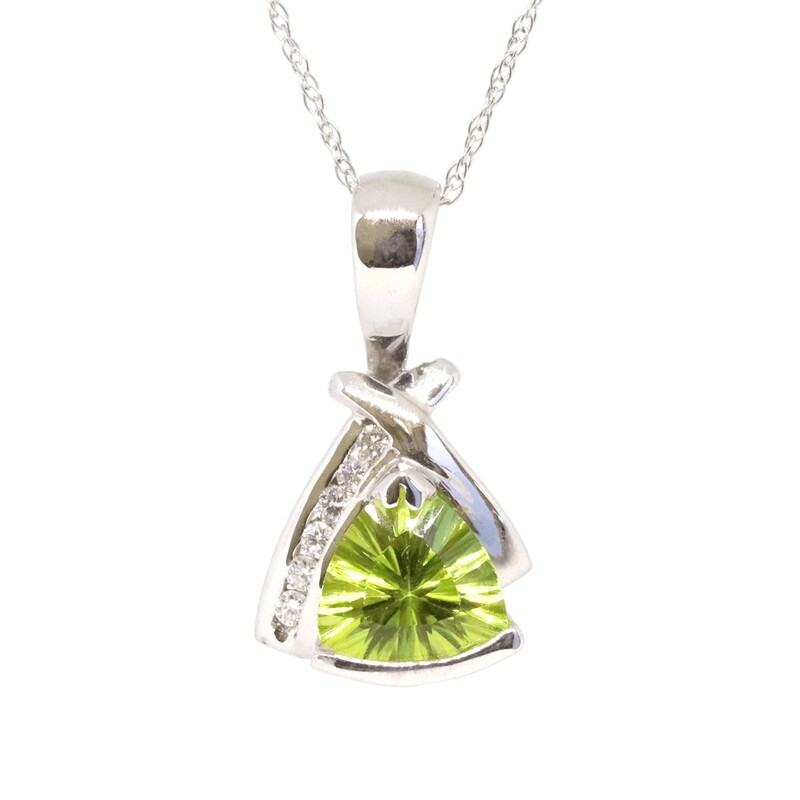 14KT White Gold Trillion Peridot Six Diamond Accent Necklace