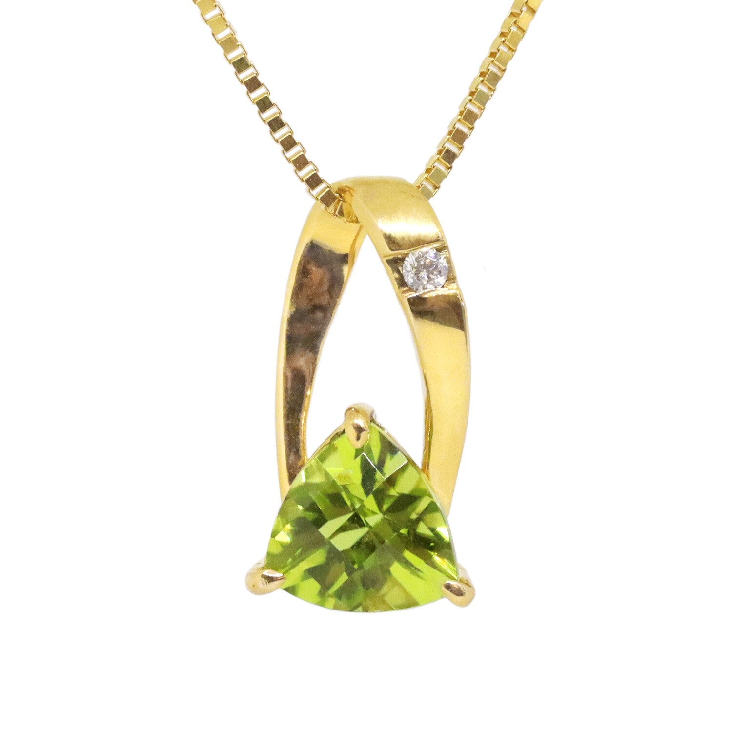 14KT Yellow Gold Checkered Trillion Peridot Diamond Accent Twist Necklace