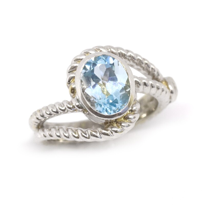 Silver Bezel Oval Blue Topaz Rope Swirl Ring