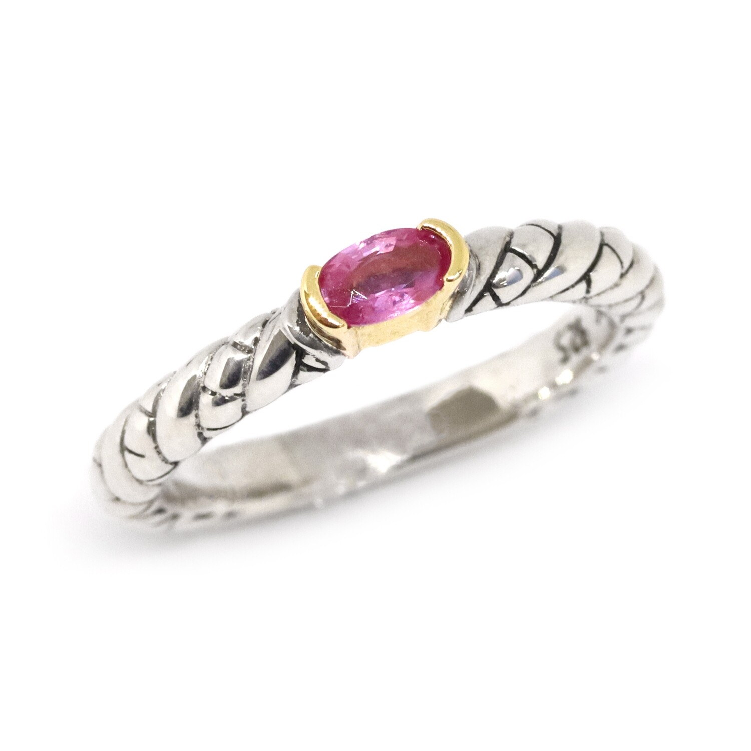 Silver TwoTone Oval Pink Sapphire Half Bezel Ring