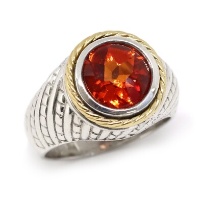 Silver TwoTone Round Cabochon Created Padparadscha Sapphire Ring