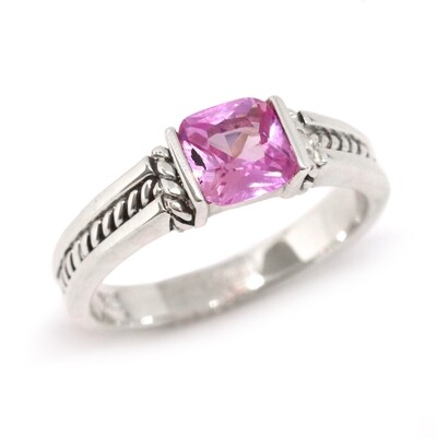 Silver Created Cushion Pink Stone Antiqued Ring