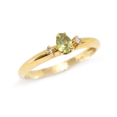 14KT Yellow Gold Pear Pale Green Sapphire Two Diamond Accent Ring