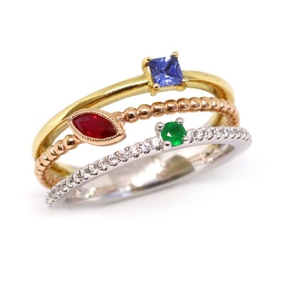14KT TriTone Gold Precious Gemstone Three Band Ring