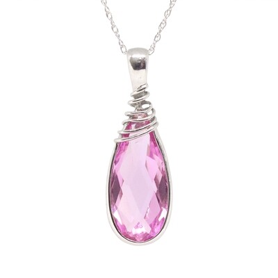 10KT White Gold Checkered Pear Created Pink Sapphire Wire Wrap Necklace