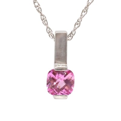 Silver Created Checkered Cushion Pink Sapphire Bar Necklace