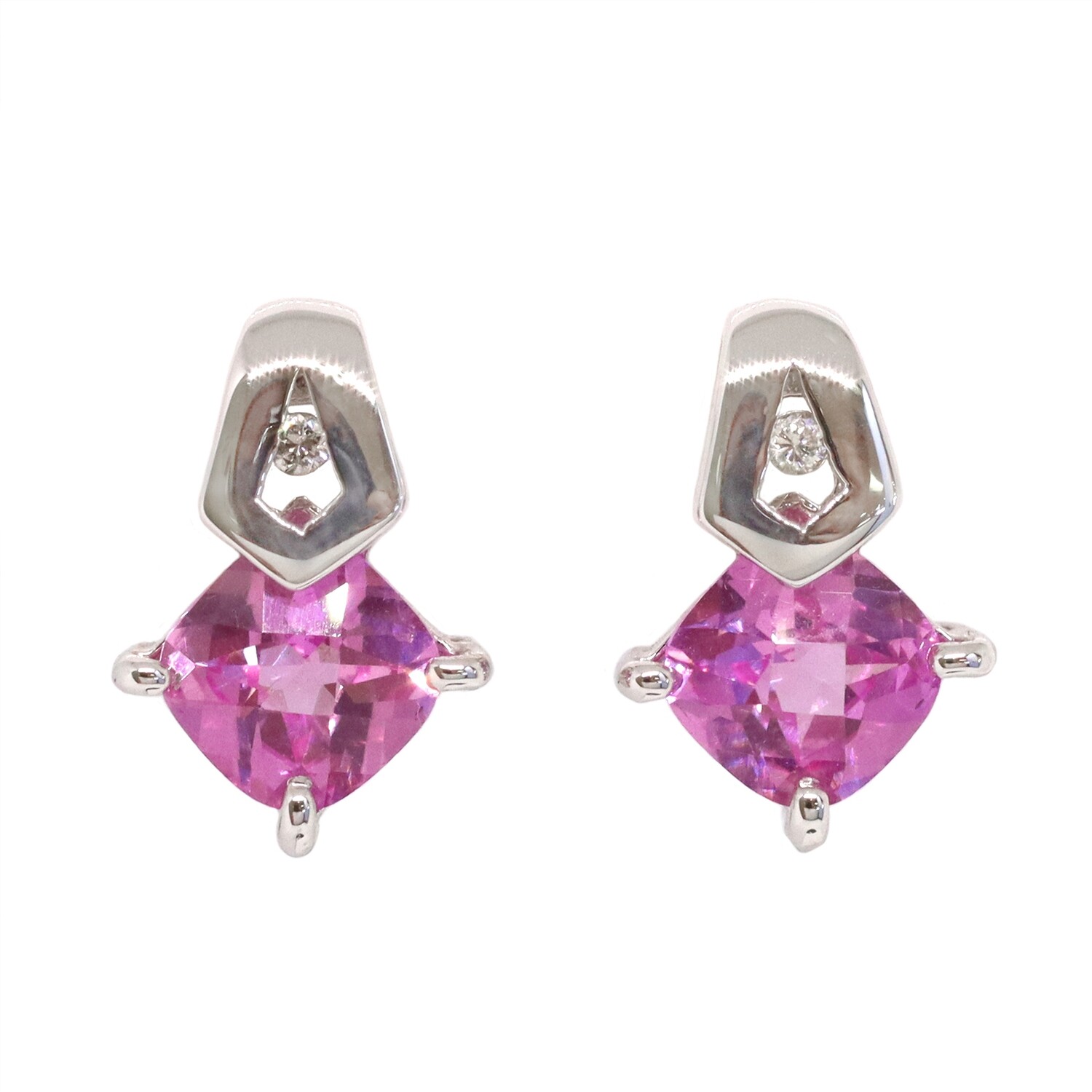 14KT White Gold Checkered Cushion Pink Sapphire Diamond Accent Earrings