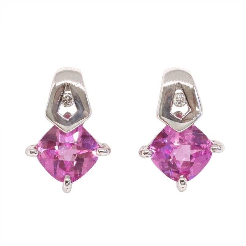 14KT White Gold Checkered Cushion Pink Sapphire Diamond Accent Earrings