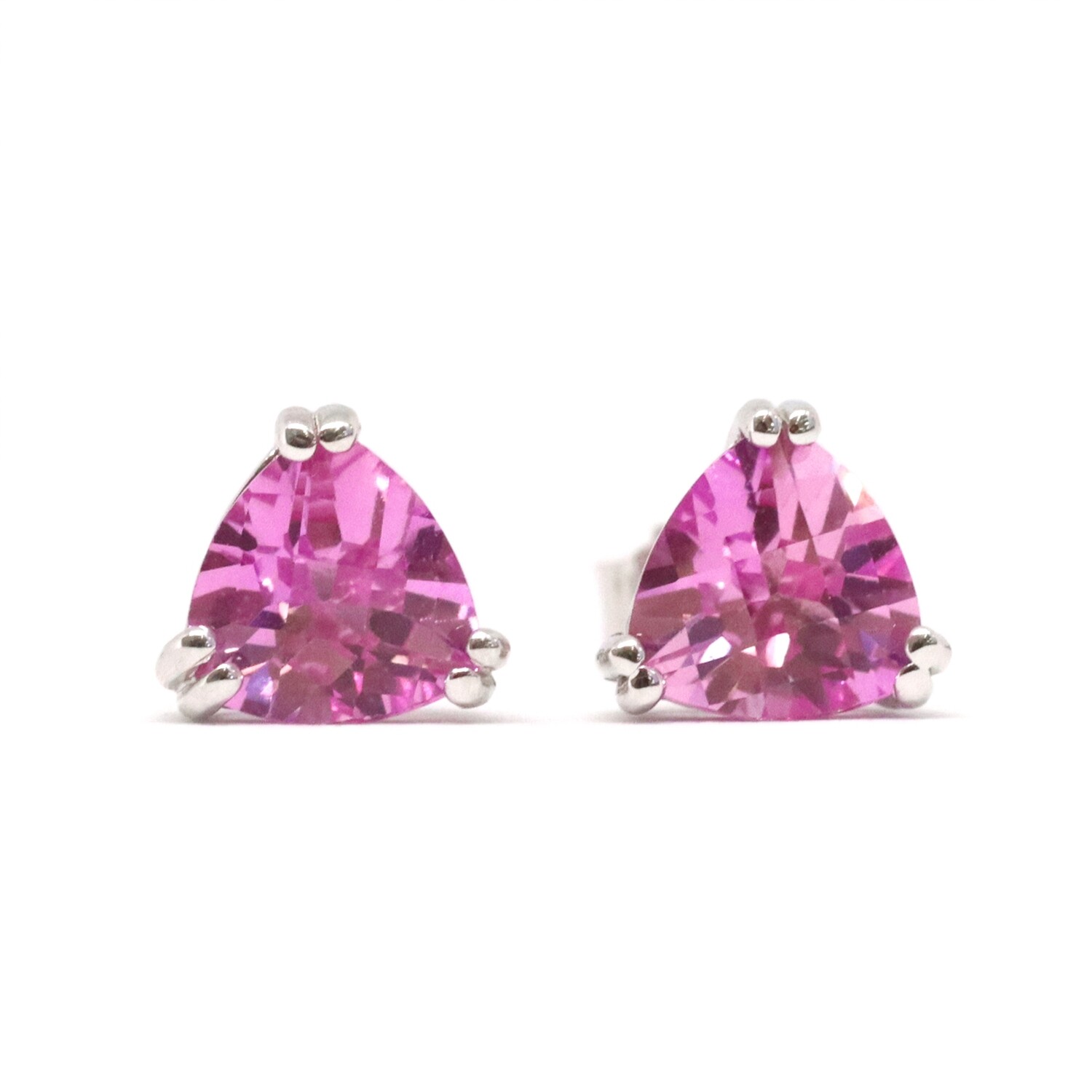14KT White Gold Created Checkered Trillion Pink Sapphire Stud Earrings