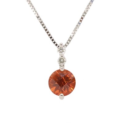 14KT White Gold Created Round Padparadscha Sapphire Two Diamond Accent Necklace