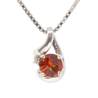 Silver Created Checkered Round Padparadscha Sapphire Two Diamond Accent Necklace