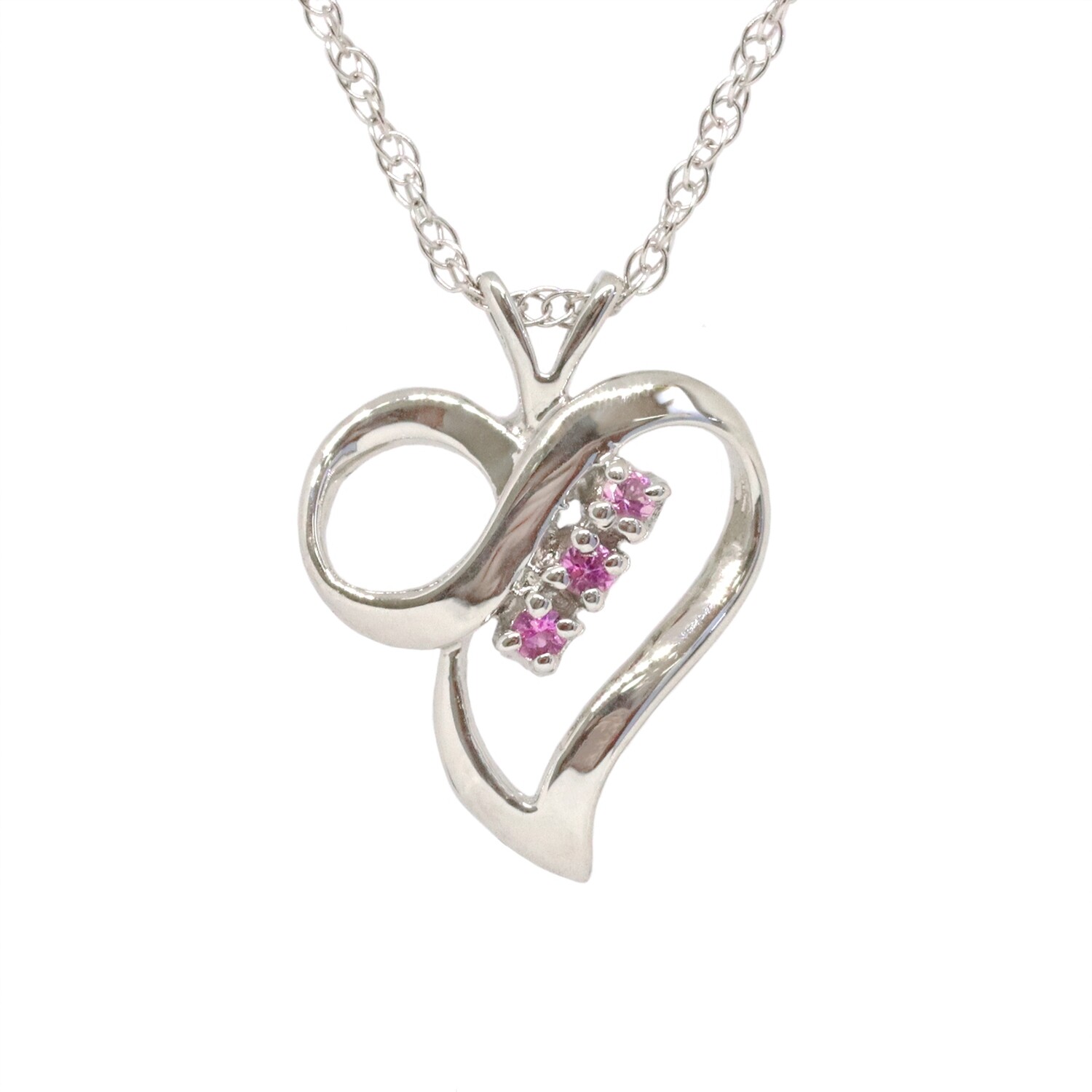14KT White Gold Three Round Pink Sapphire Open Heart Necklace