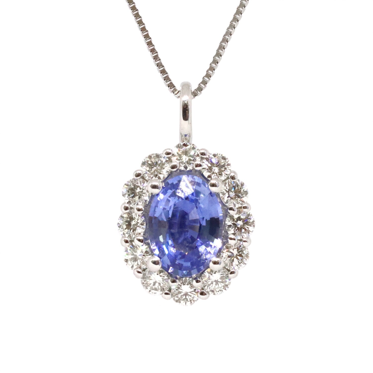 14KT White Gold Oval Sapphire Diamond Halo Necklace