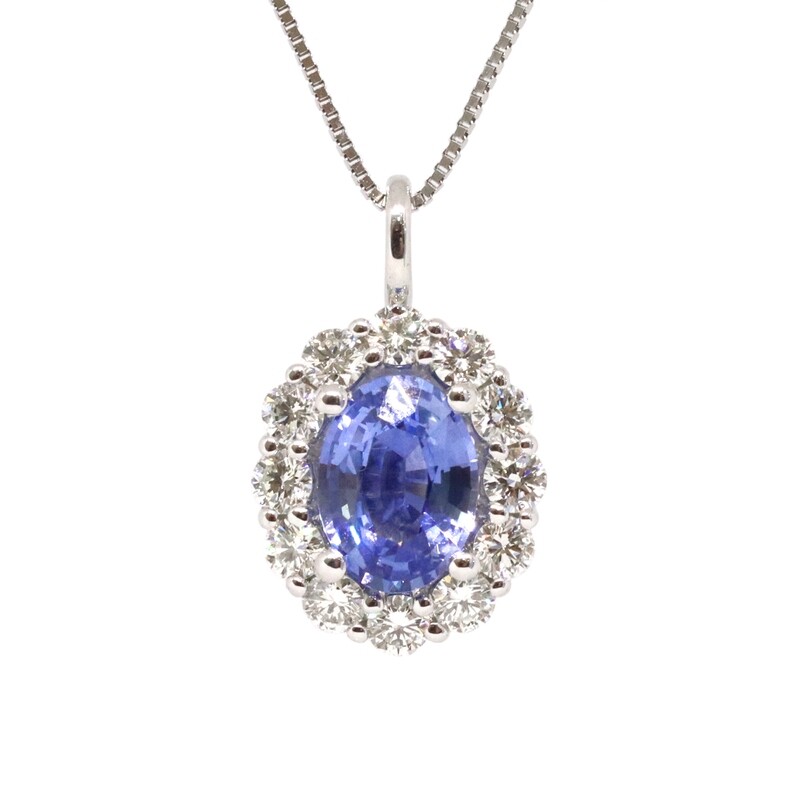 14KT White Gold Oval Sapphire Diamond Halo Necklace