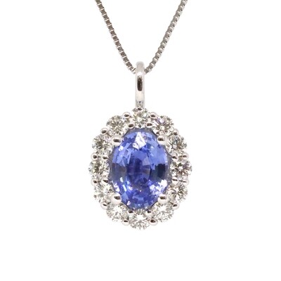 14KT White Gold Oval Sapphire Diamond Halo Necklace