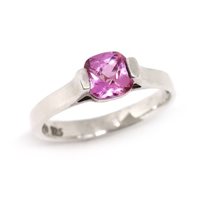 Silver Created Cushion Pink Sapphire Ring