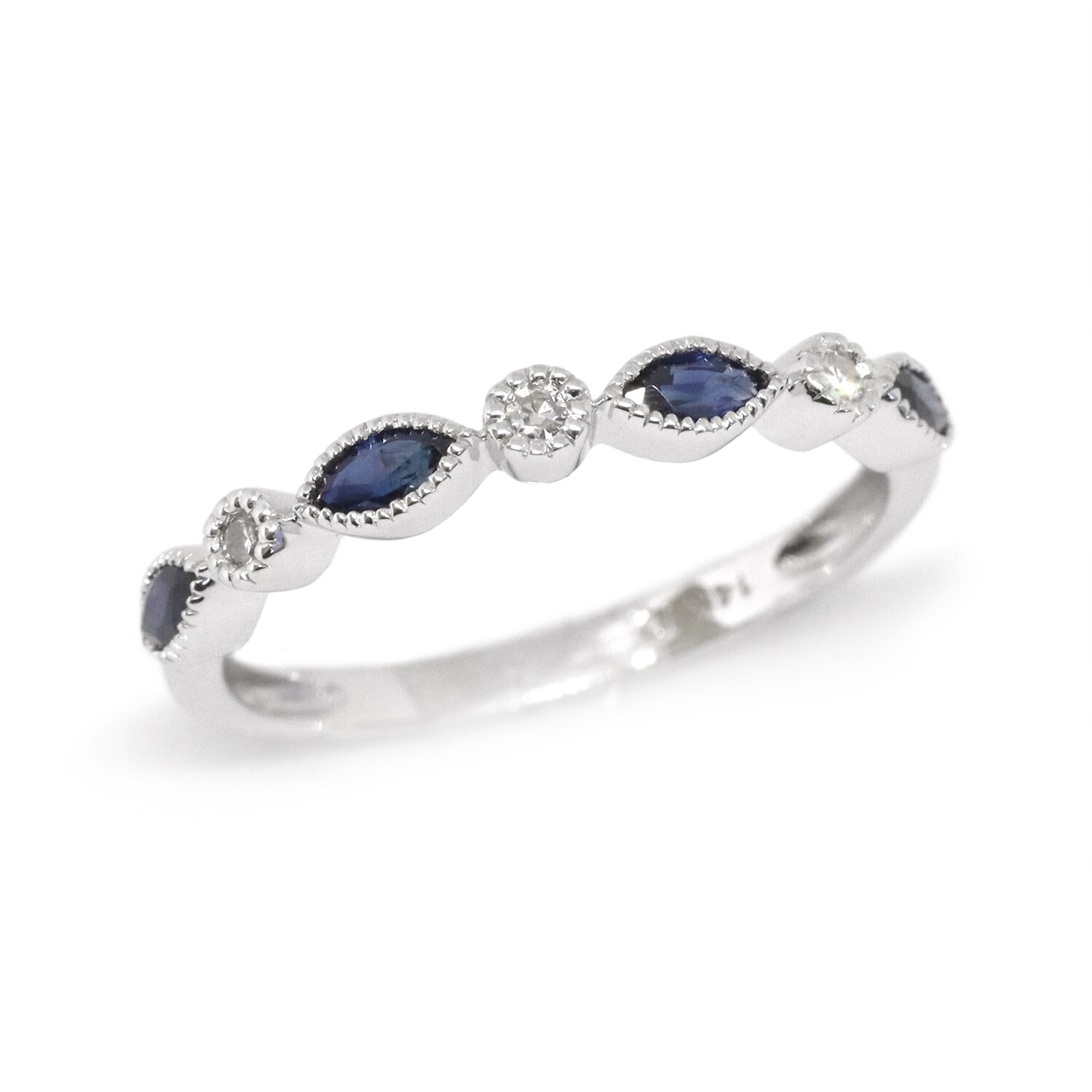 14KT White Gold Marquis Sapphire Round Diamond Stackable Band