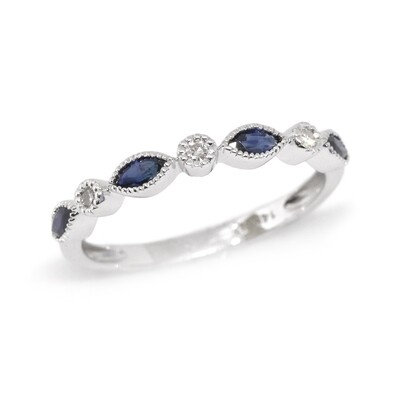 14KT White Gold Marquis Sapphire Round Diamond Stackable Band